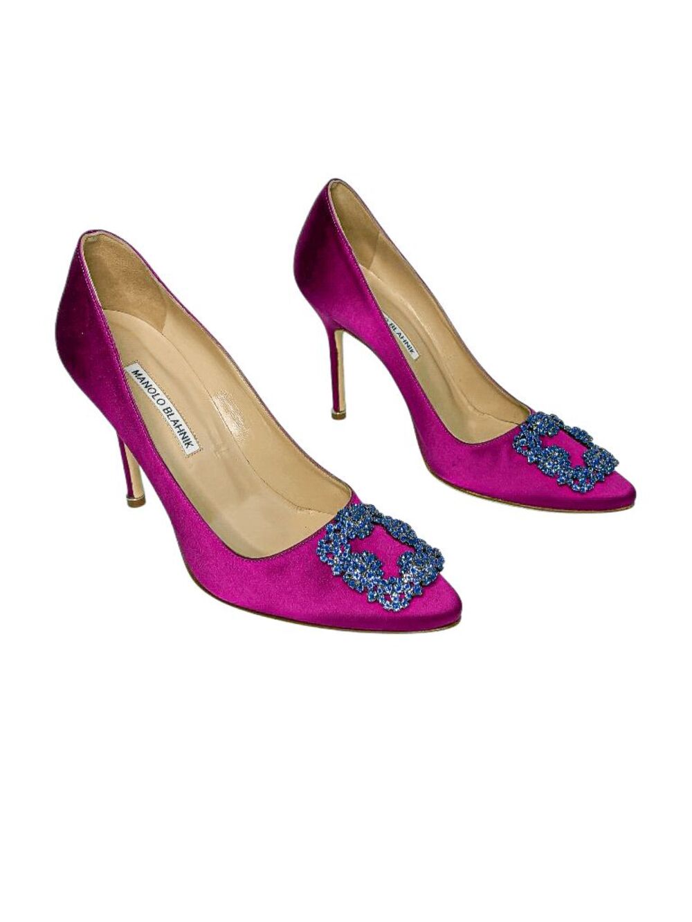 Manolo Blahnik Hangisi 105mm Dark Pink Satin Blue Jewel Buckle Pumps EU 39 Heels